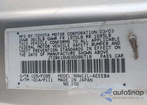 2003 Toyota Prius z USA, uszkodzony, nr VIN JT2BK18U630086718